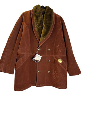 Men's Brown Suede Double-Breasted Coat with Faux Fur Collar